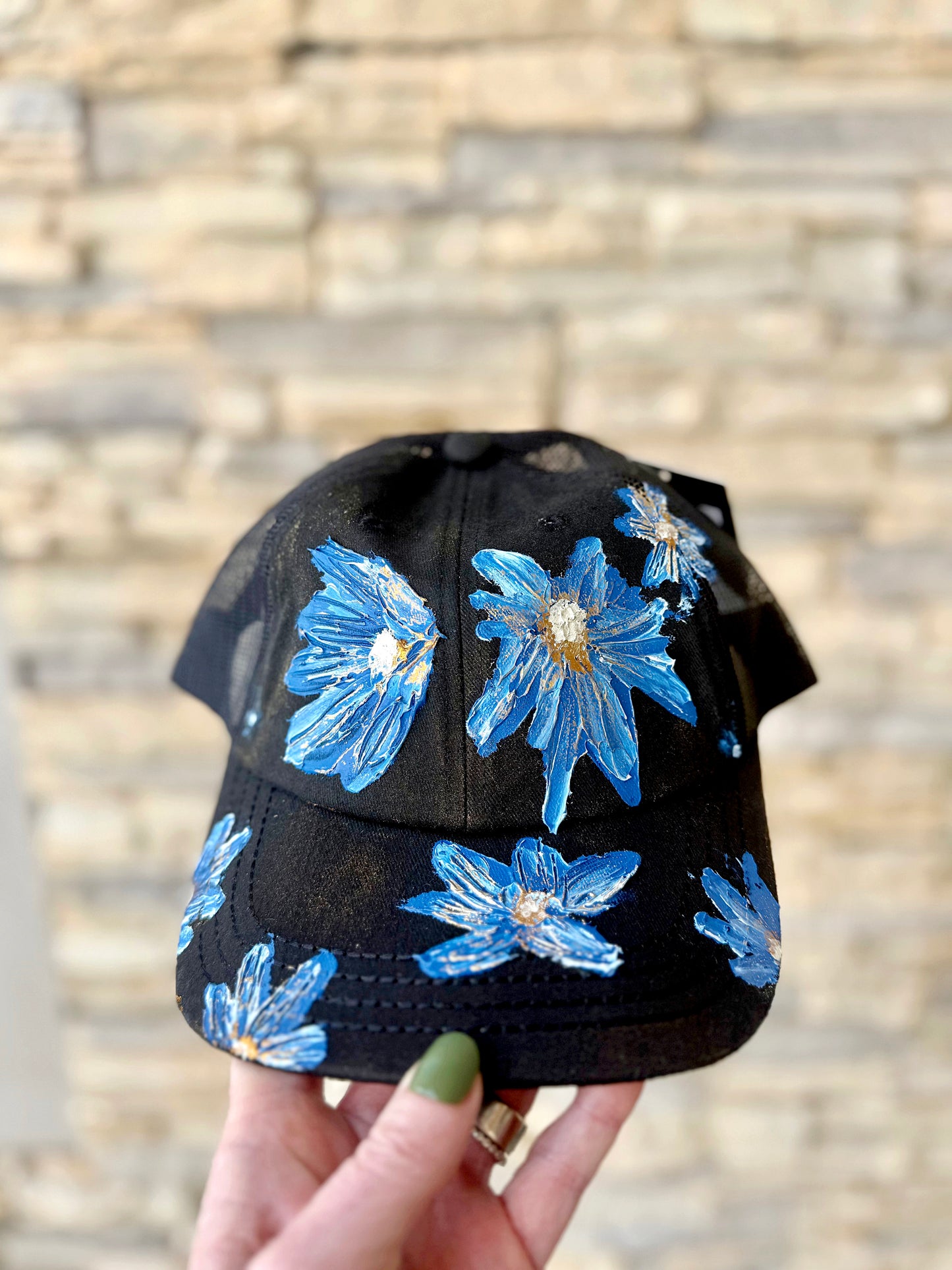 You won't be blue in this hand painted black canvas baseball cap
