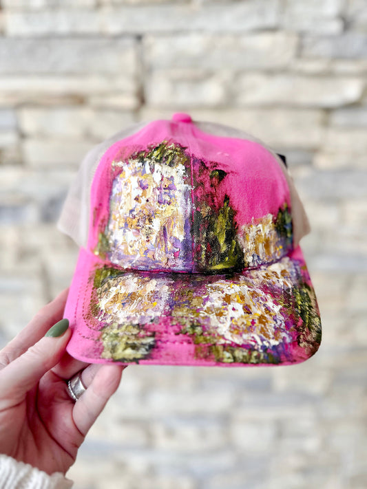 Get abstracted with this hand painted abstract flowers on pink baseball cap