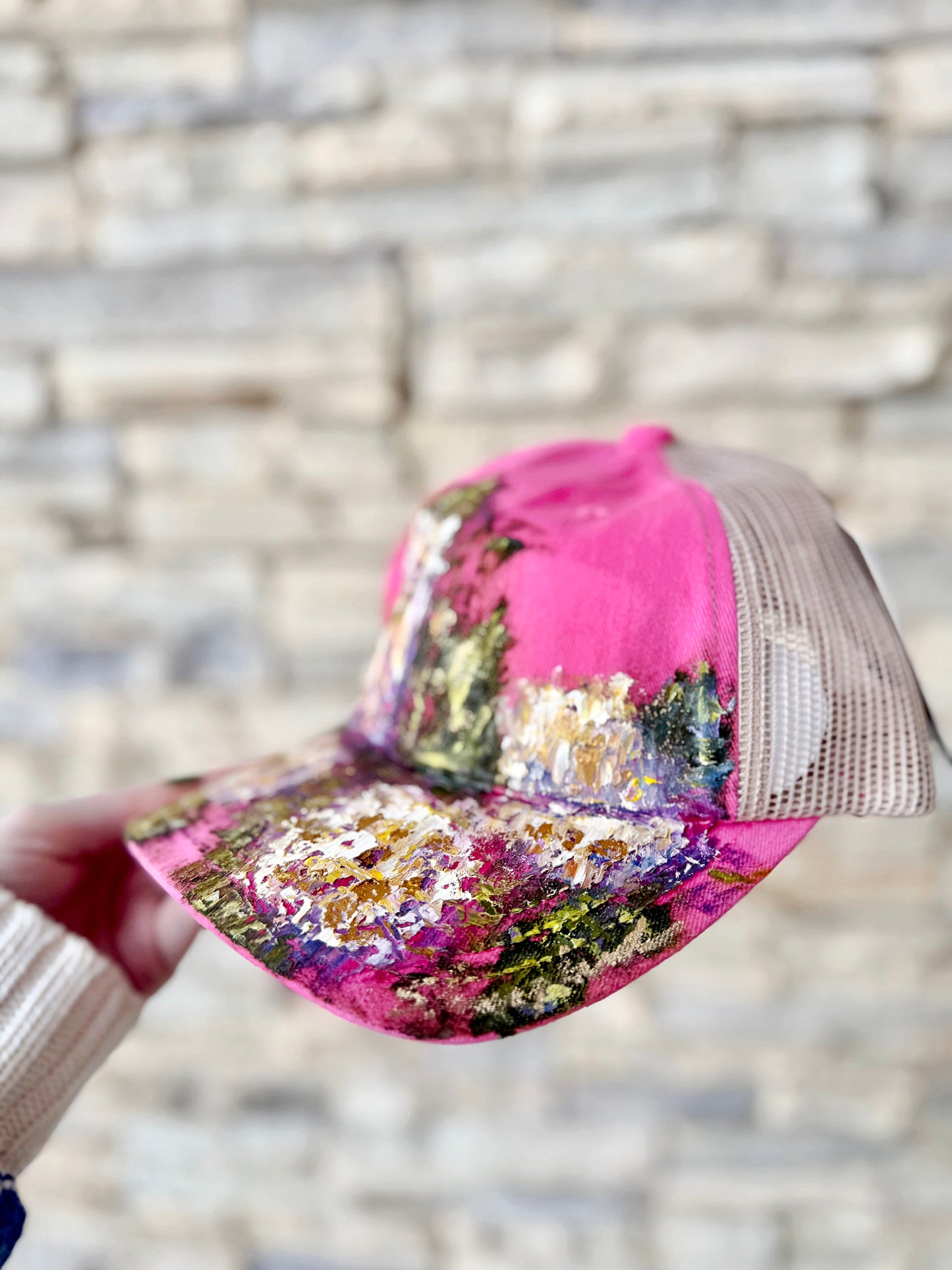 Get abstracted with this hand painted abstract flowers on pink baseball cap