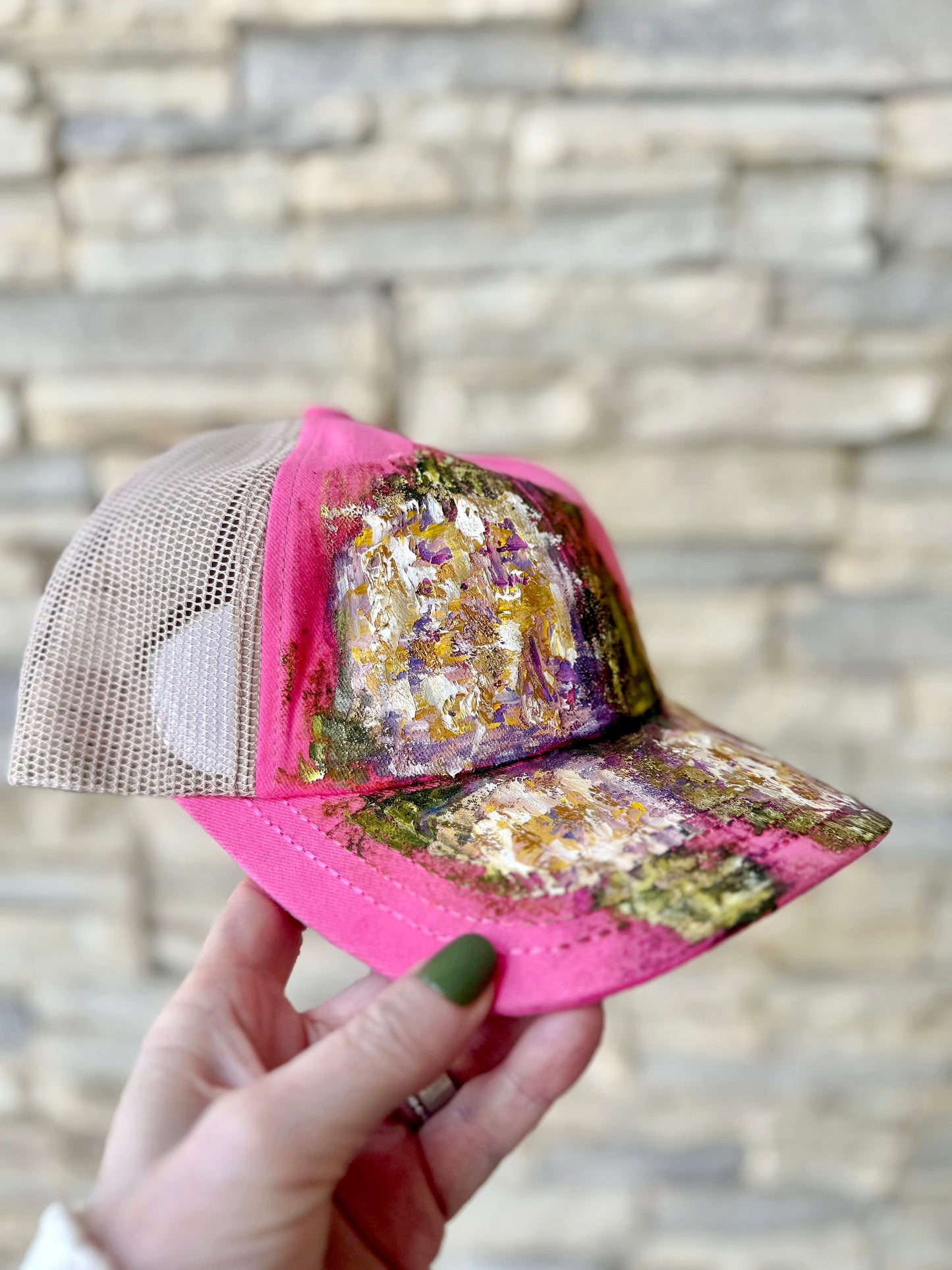 Get abstracted with this hand painted abstract flowers on pink baseball cap
