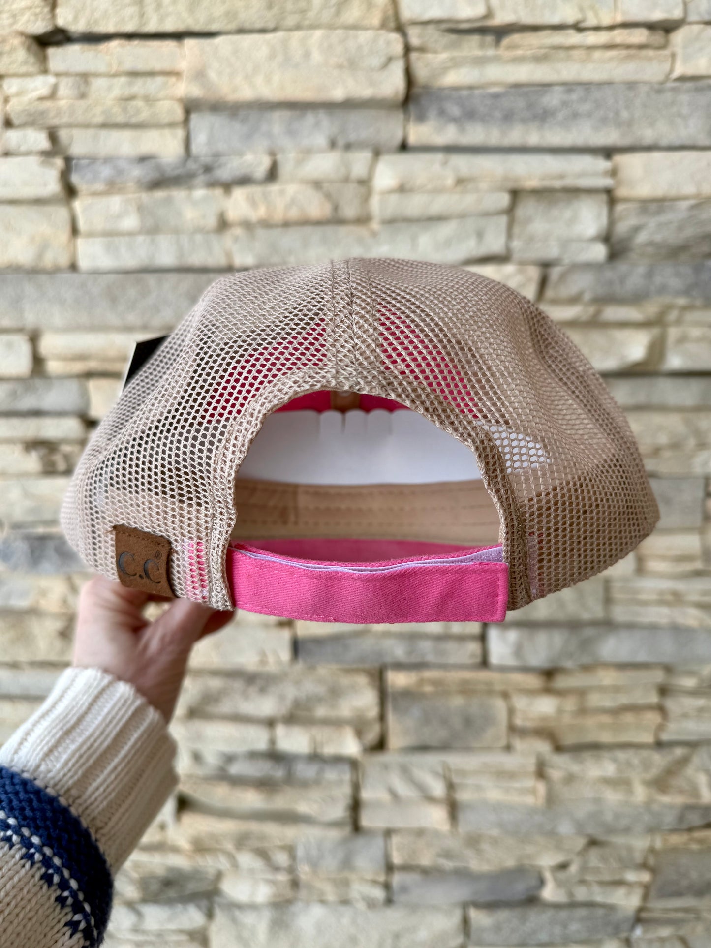 Get abstracted with this hand painted abstract flowers on pink baseball cap