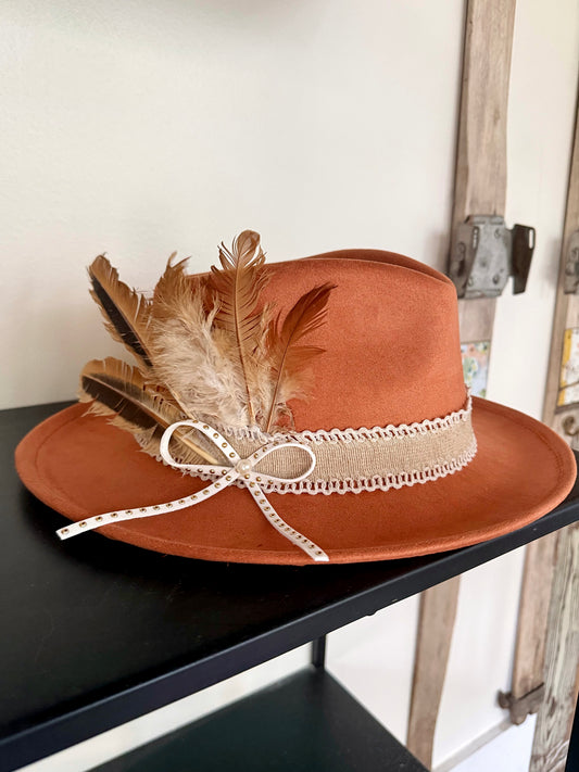 Real feather decorated vegan suede rancher hat -burnt orange
