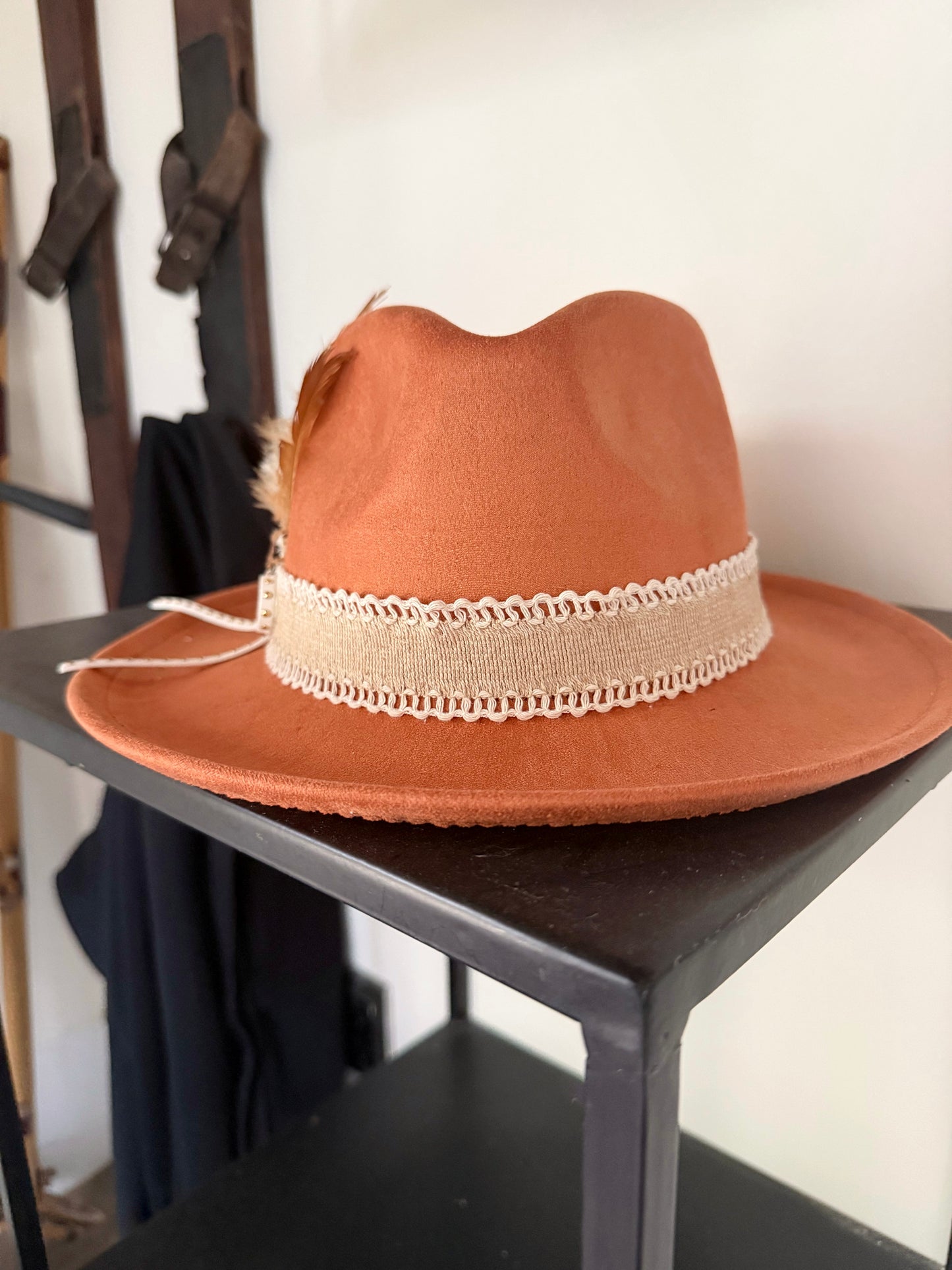 Real feather decorated vegan suede rancher hat -burnt orange