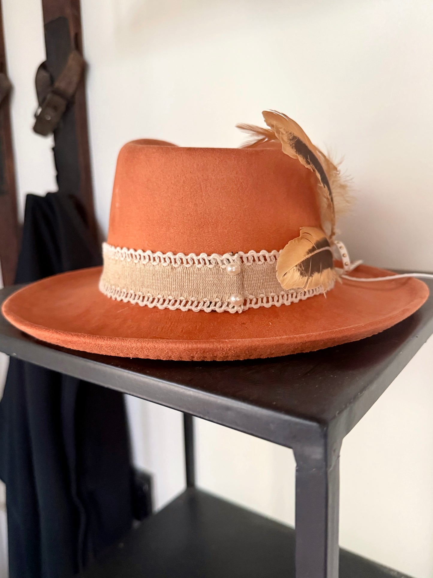 Real feather decorated vegan suede rancher hat -burnt orange