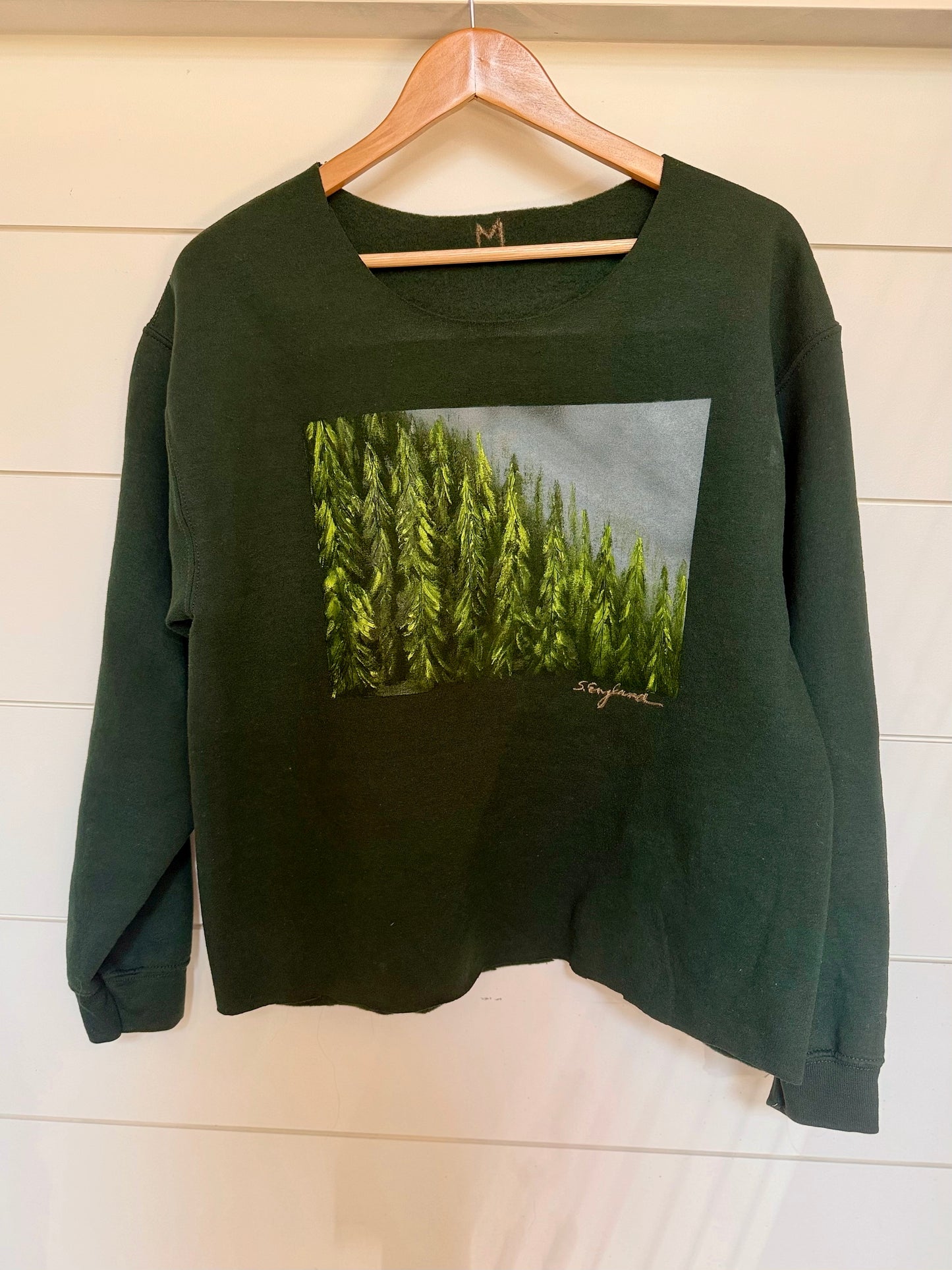 Tree lover grove of pines.  Wearable art sweatshirt in hunter green