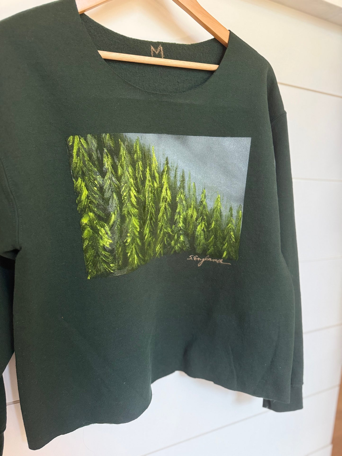 Tree lover grove of pines.  Wearable art sweatshirt in hunter green
