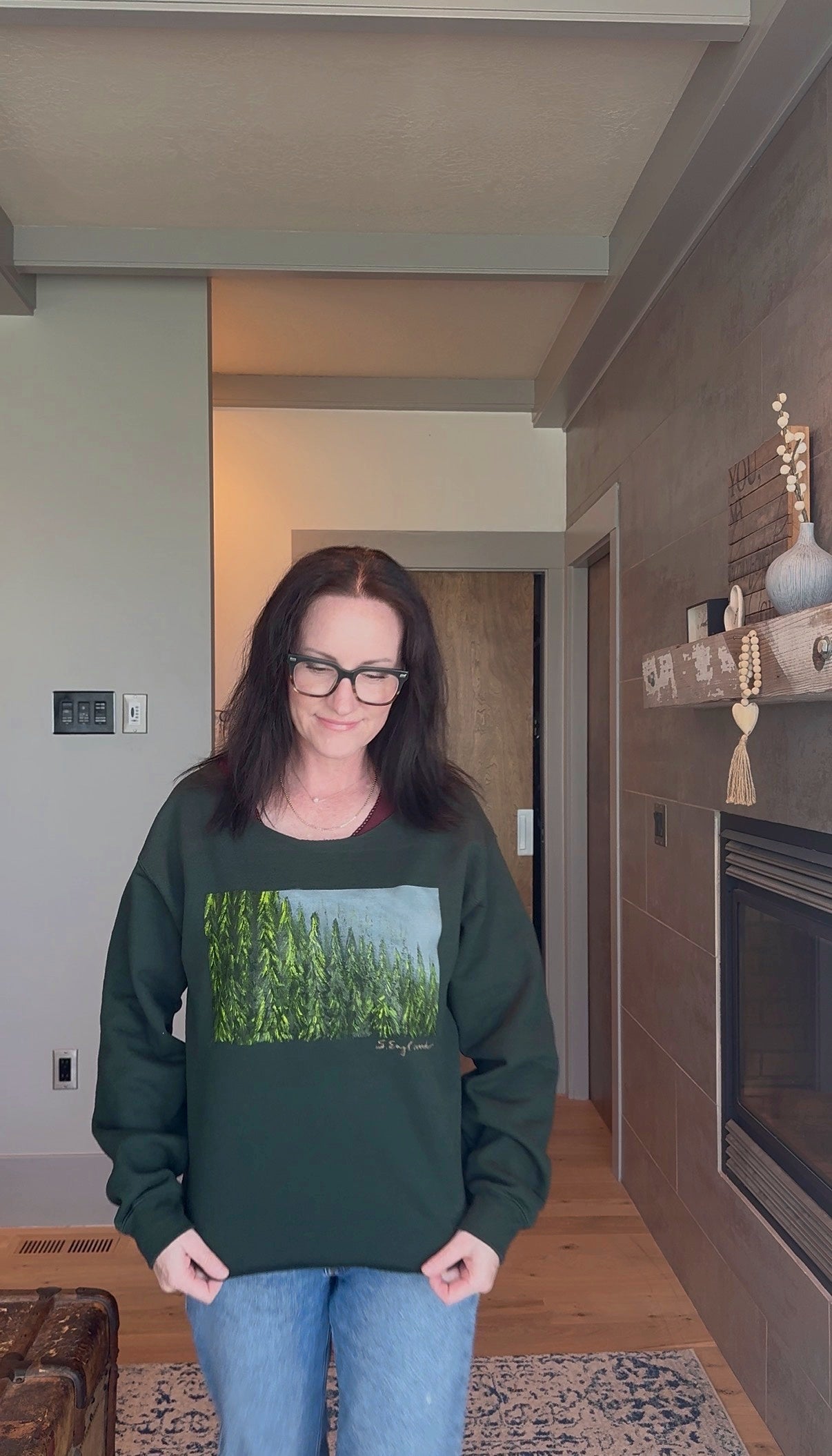 Tree lover grove of pines.  Wearable art sweatshirt in hunter green