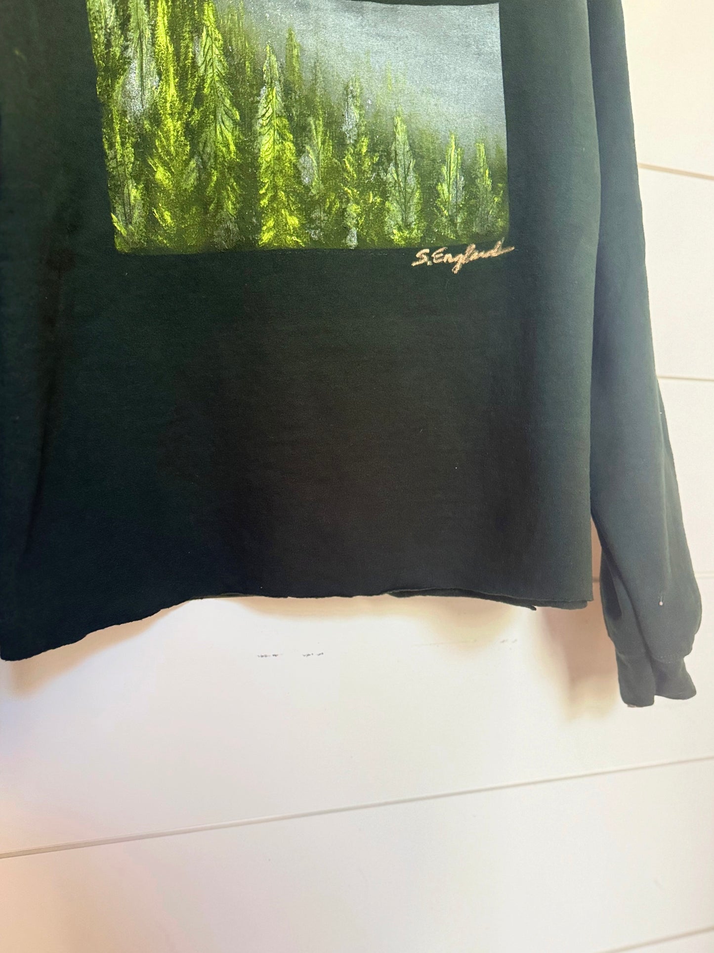 Tree lover grove of pines.  Wearable art sweatshirt in hunter green