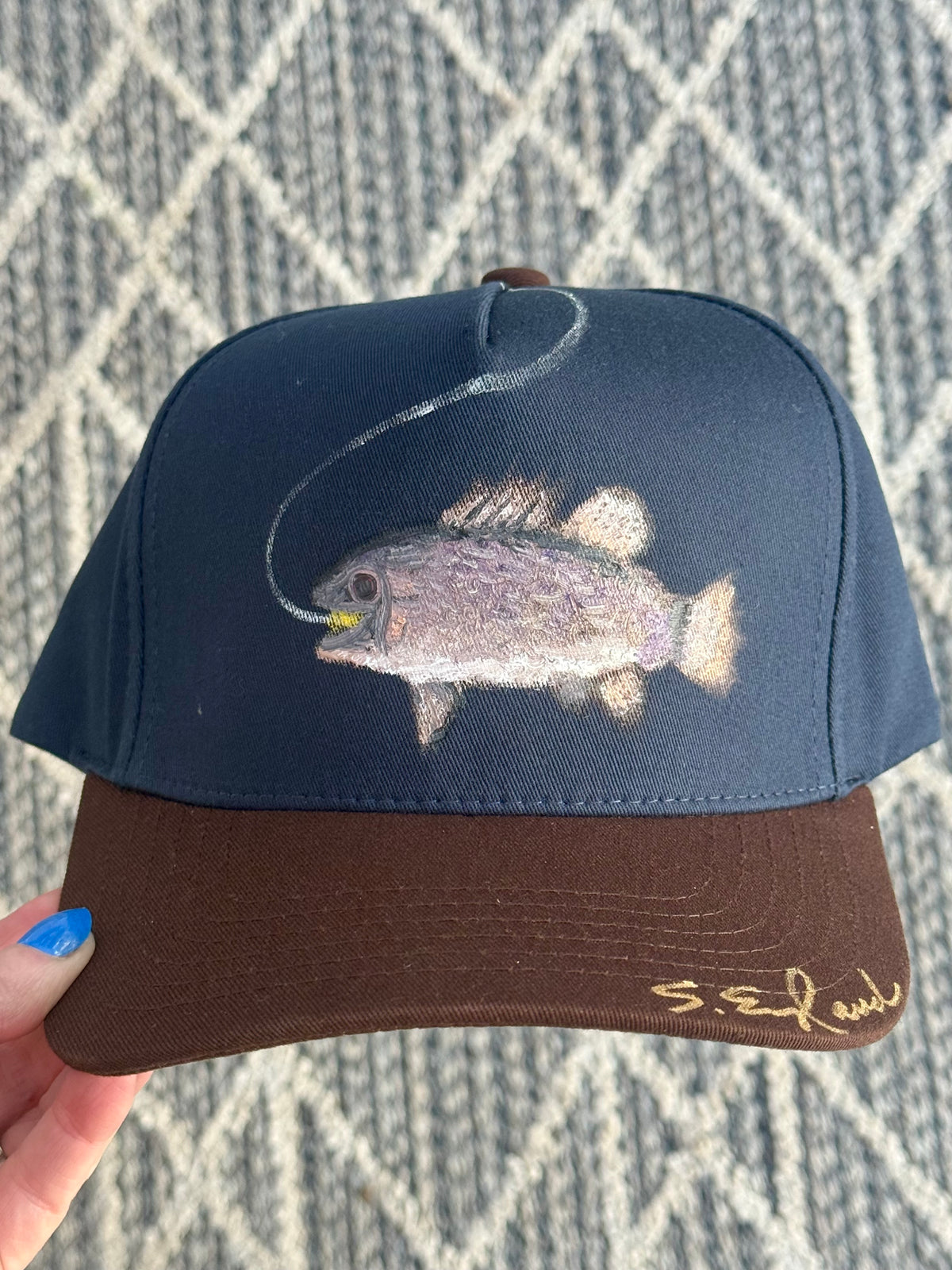 Hand painted wearable art - little bass fish on blue/brown canvas baseball hat