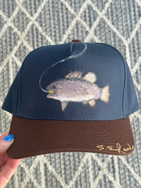 Hand painted wearable art - little bass fish on blue/brown canvas baseball hat