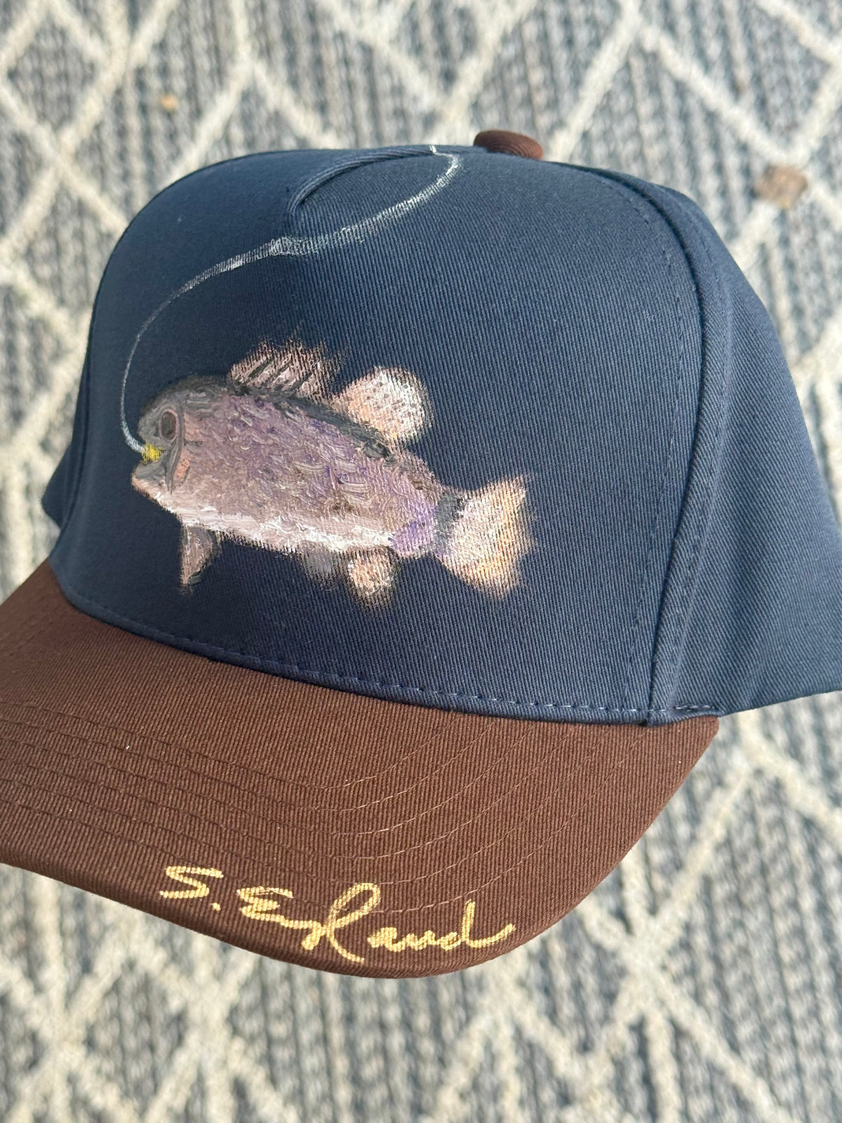 Hand painted wearable art - little bass fish on blue/brown canvas baseball hat