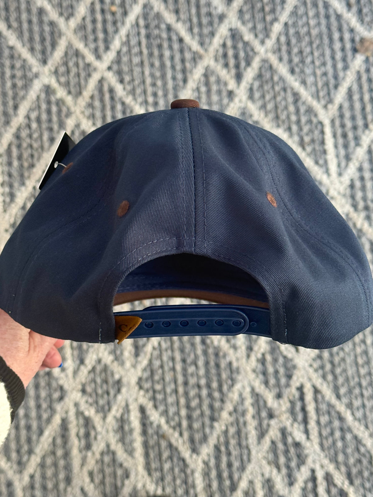 Hand painted wearable art - little bass fish on blue/brown canvas baseball hat