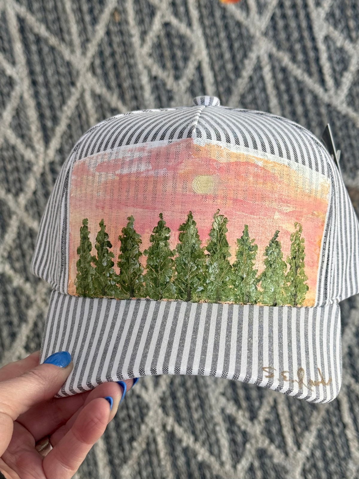 Hand painted wearable art - abstract treescape on black and cream stripped ball cap