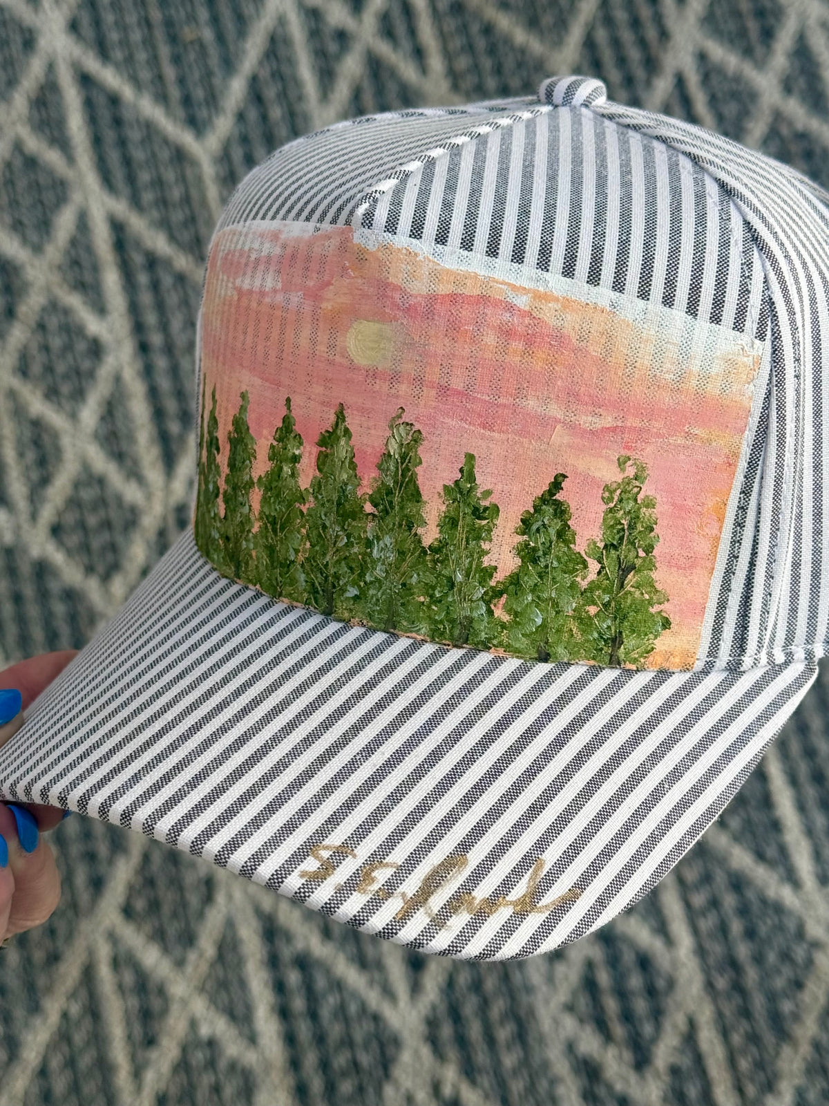 Hand painted wearable art - abstract treescape on black and cream stripped ball cap
