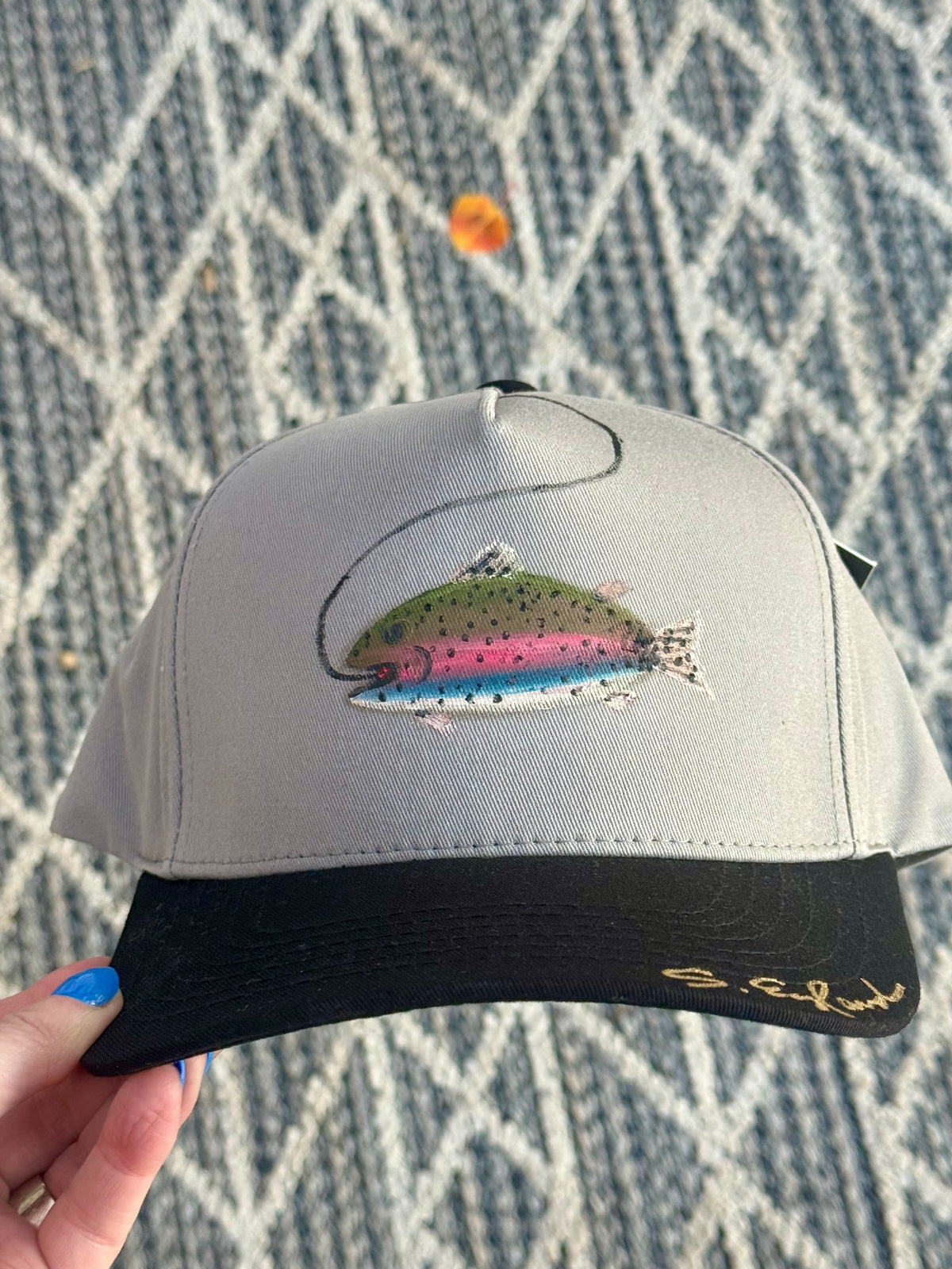 Hand painted wearable art - Rainbow trout on grey/black canvas baseball cap