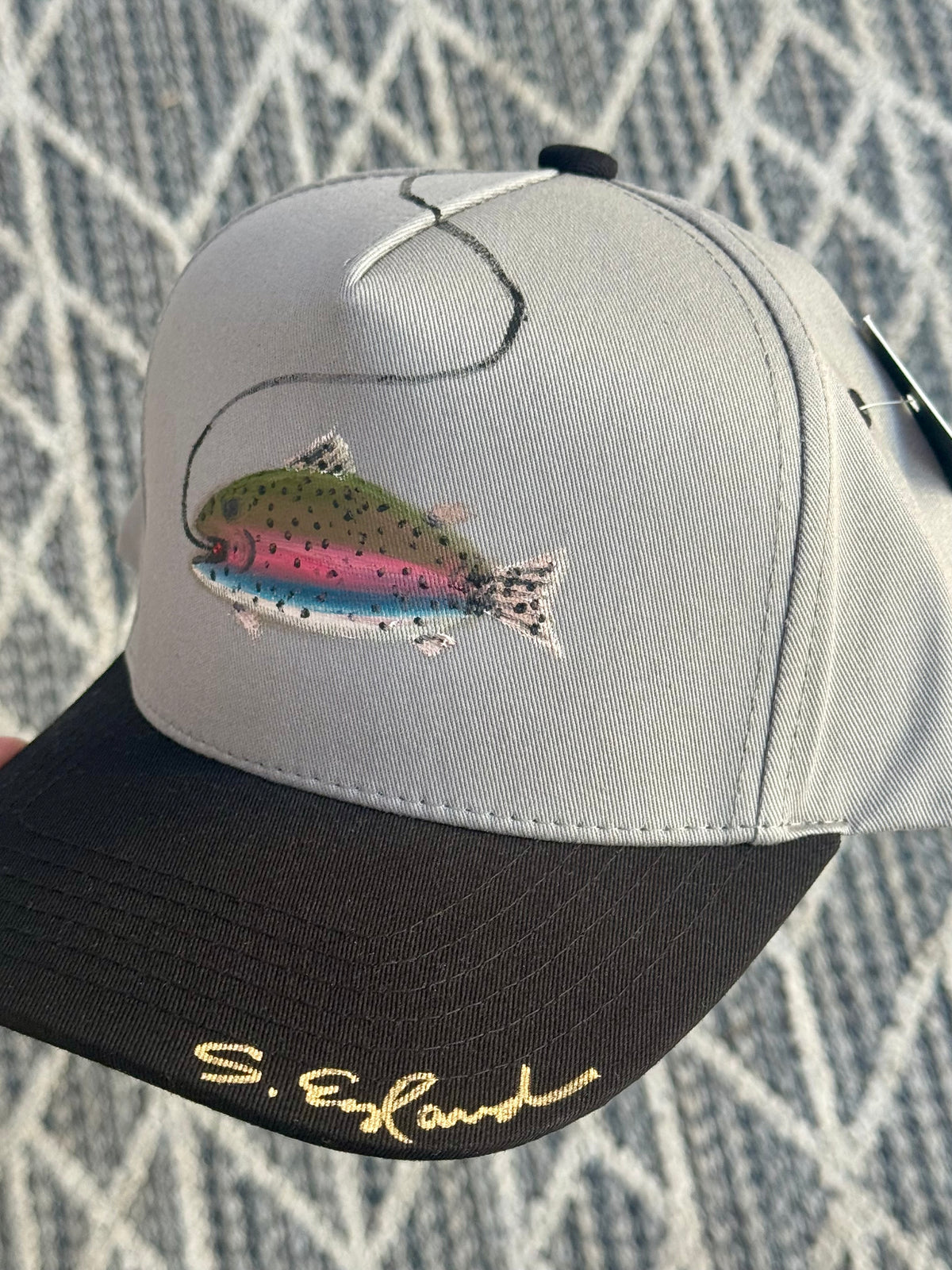Hand painted wearable art - Rainbow trout on grey/black canvas baseball cap