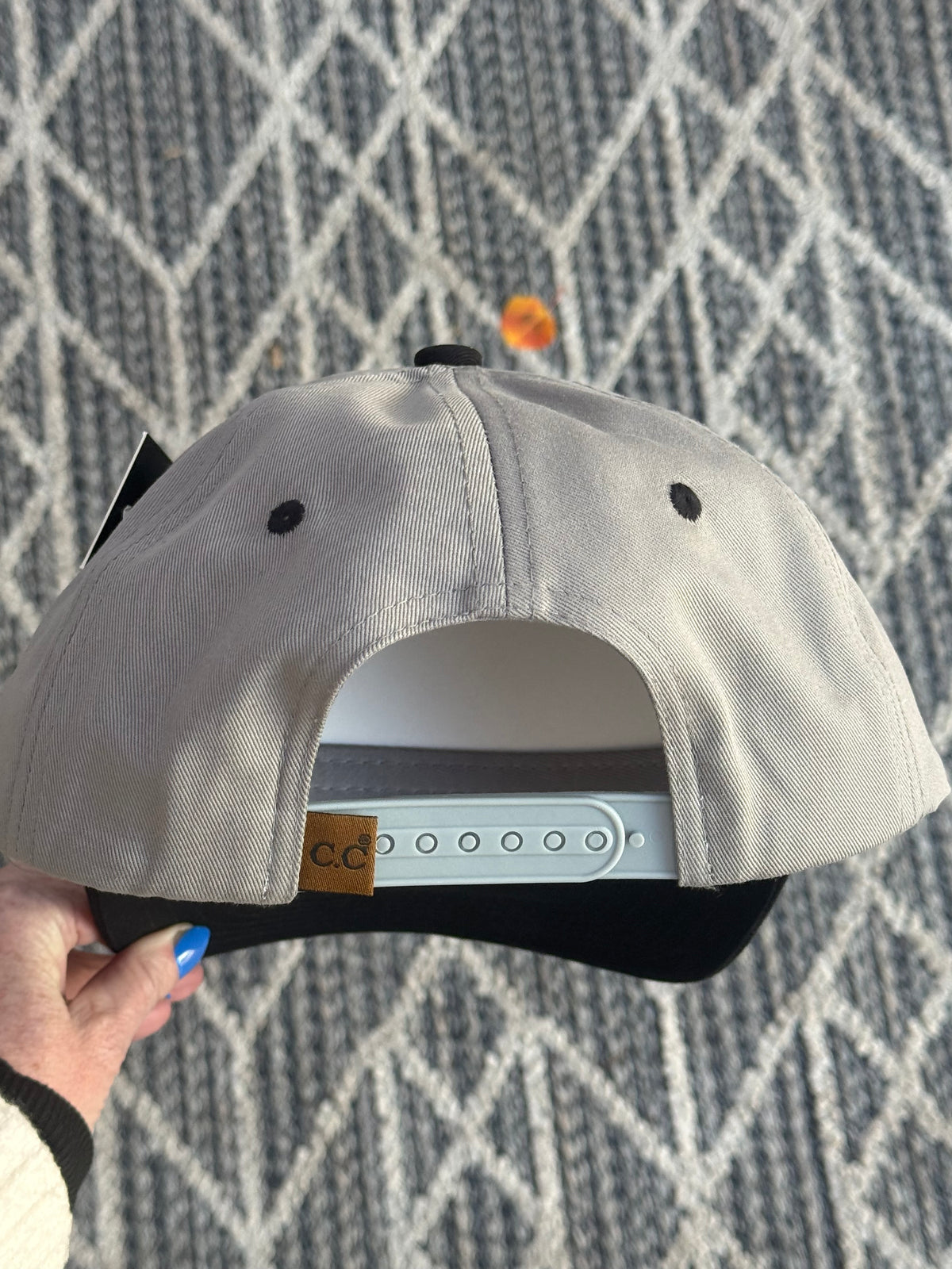 Hand painted wearable art - Rainbow trout on grey/black canvas baseball cap
