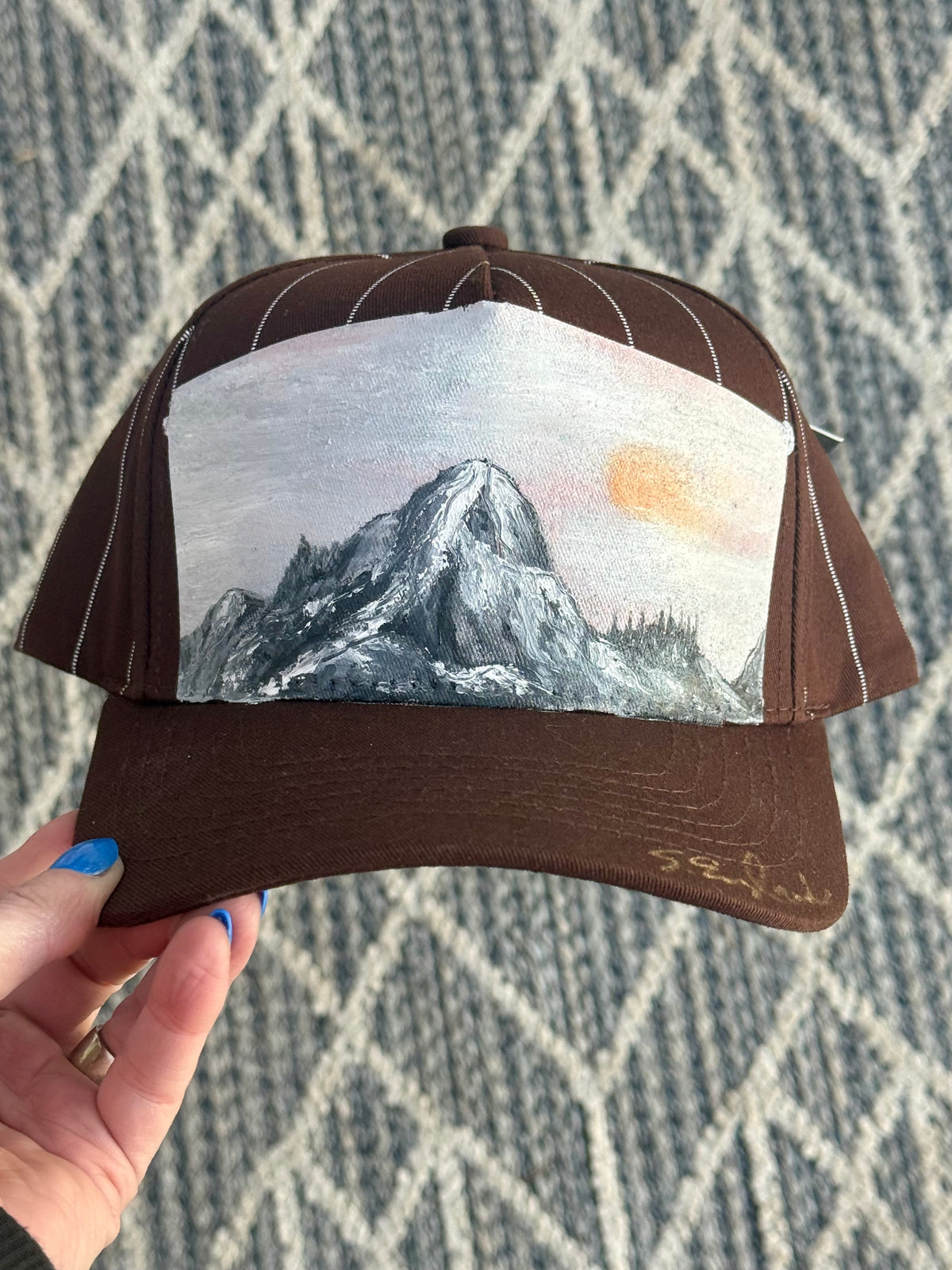 Hand painted wearable art - big mountain scene on brown/cream baseball cap