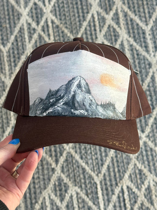 Hand painted wearable art - big mountain scene on brown/cream baseball cap