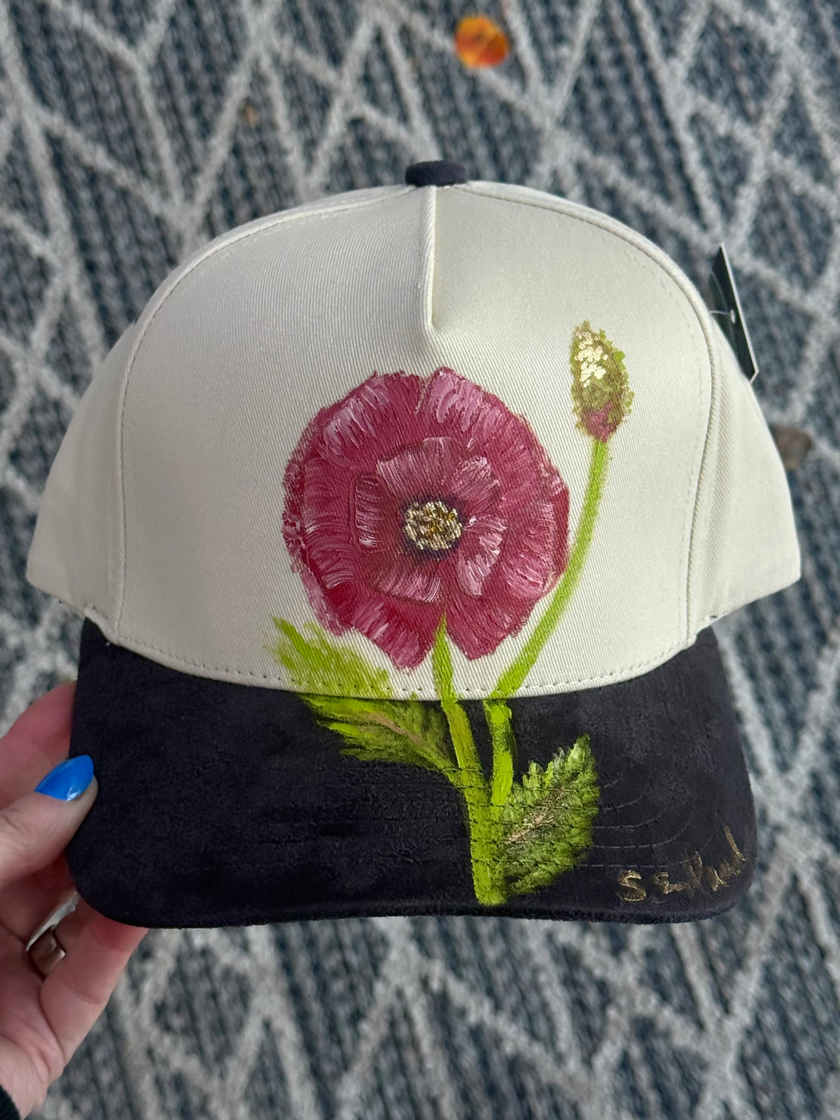 Wearable art!  Hand painted poppy flower on cream canvas hat with suede brim