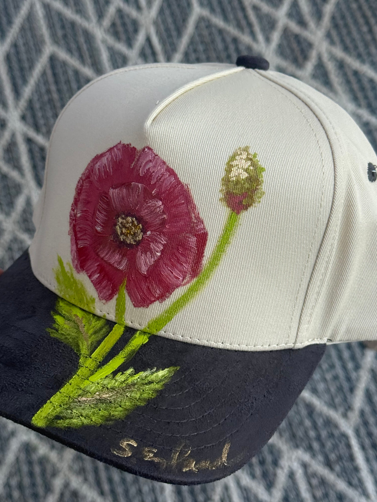 Wearable art!  Hand painted poppy flower on cream canvas hat with suede brim