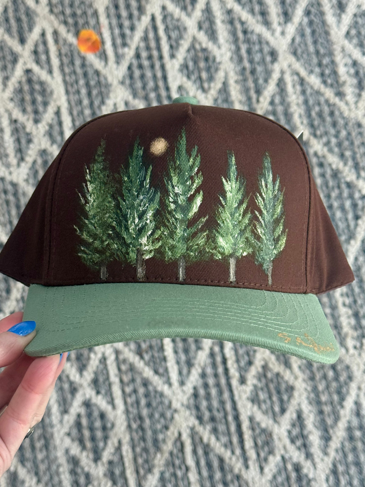 Hand painted wearable art - tree scene on brown/green canvas baseball hat