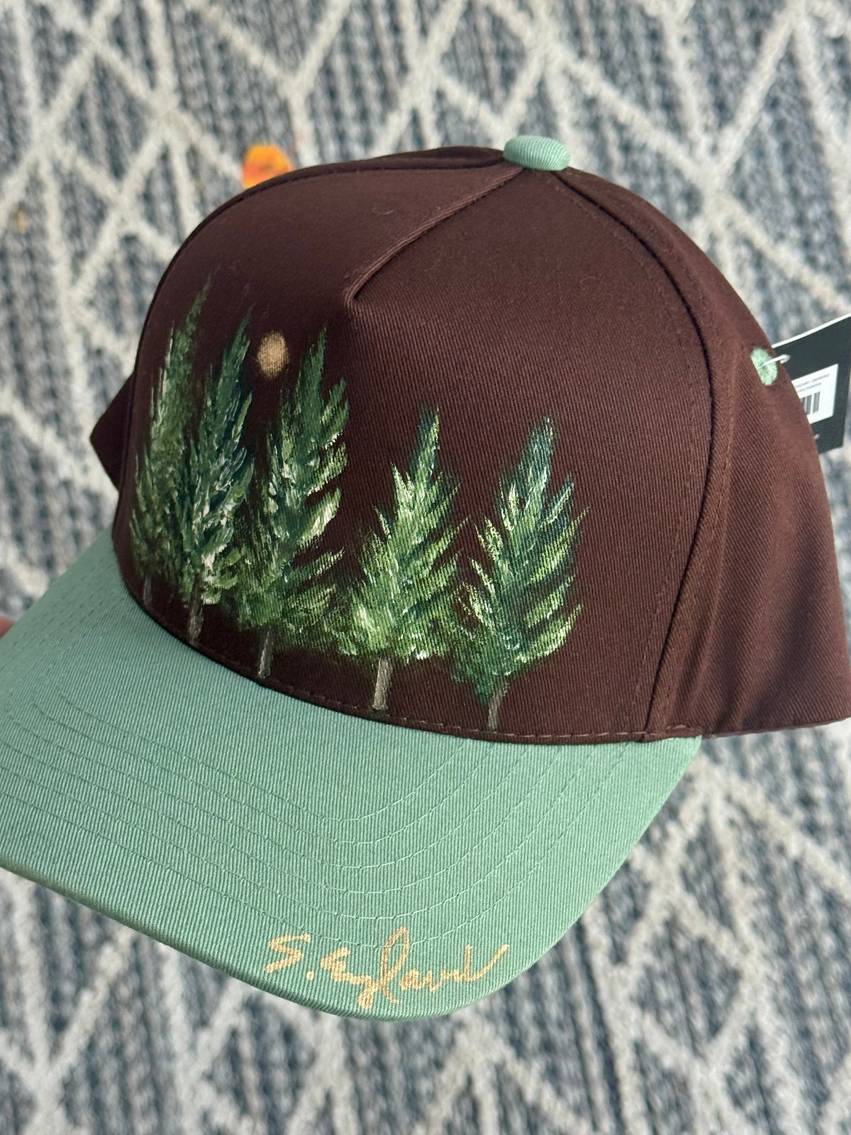 Hand painted wearable art - tree scene on brown/green canvas baseball hat
