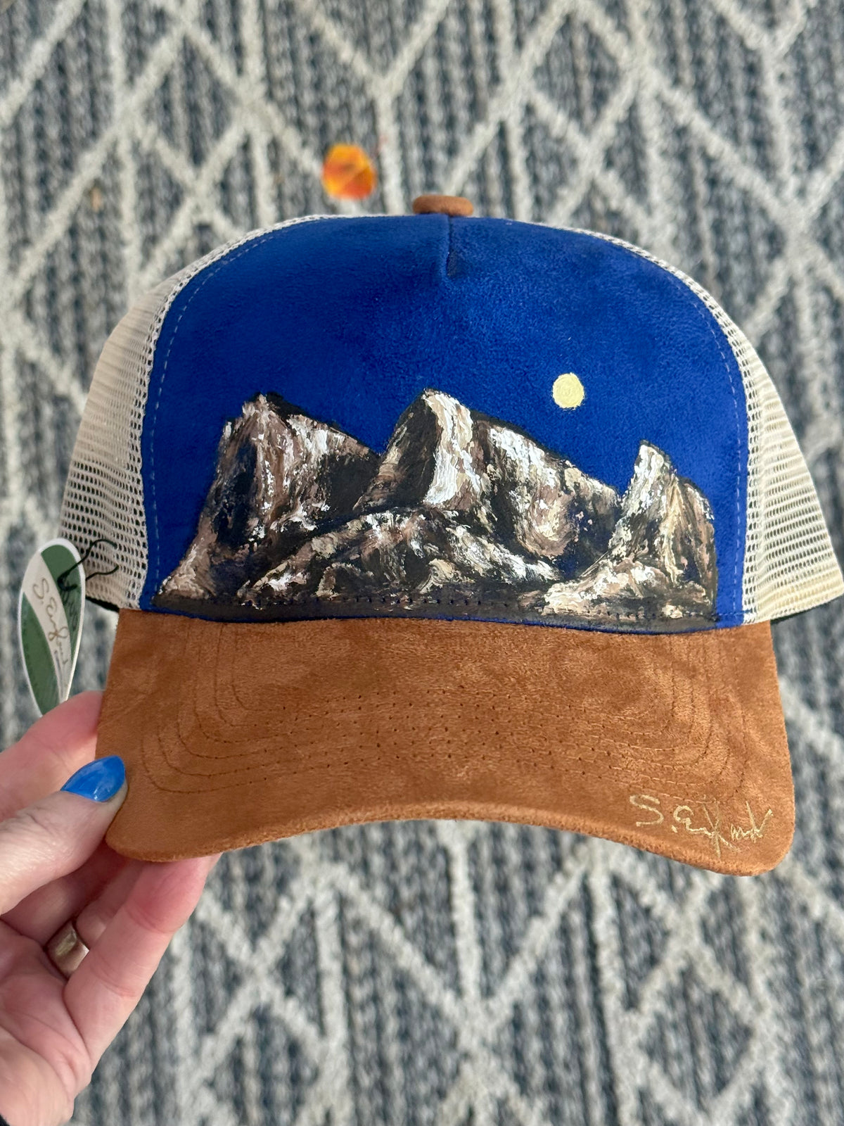 Hand painted wearable art - Mountain scene on blue/brown suede