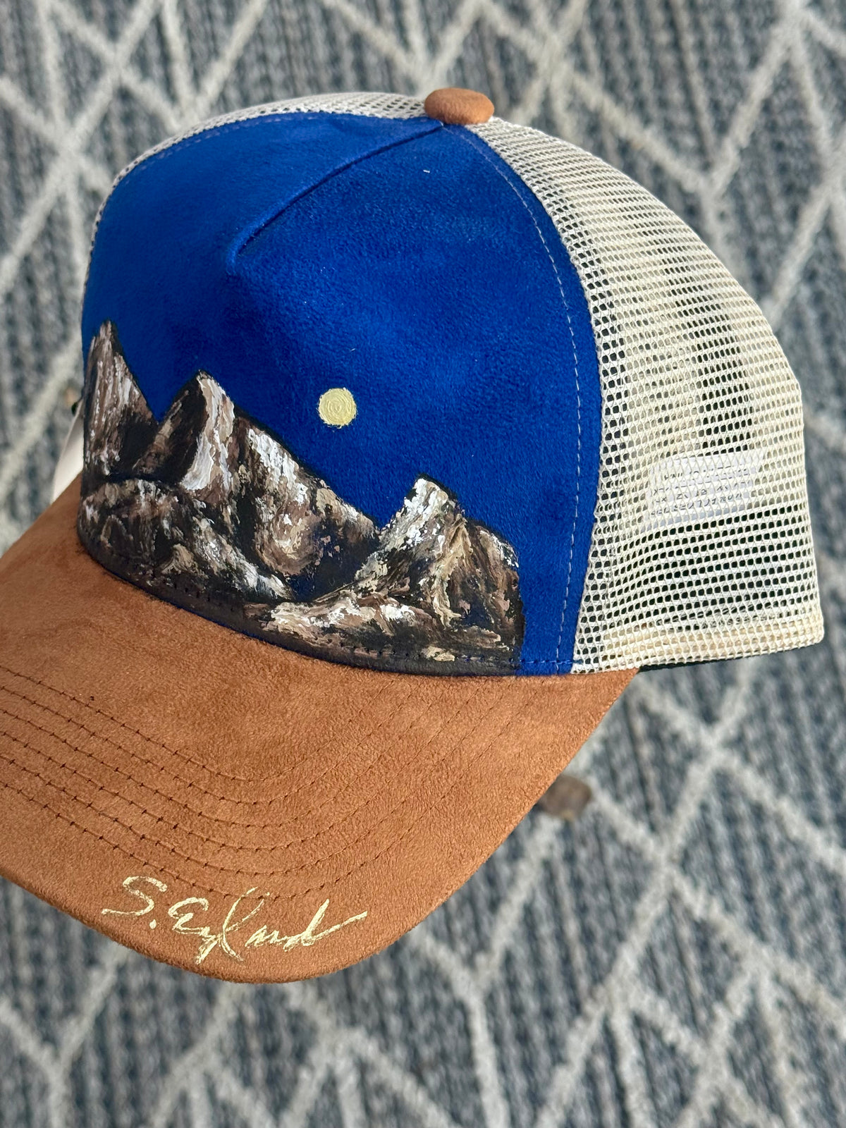 Hand painted wearable art - Mountain scene on blue/brown suede