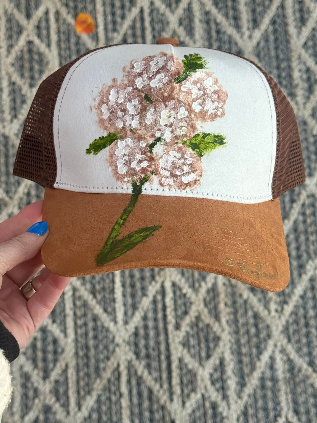 Hand painted wearable art - Hydrangeas on brown suede brim and brown mesh back