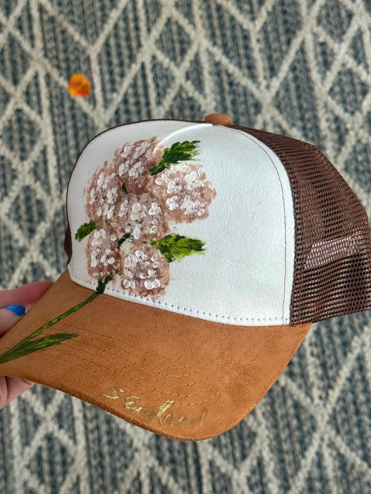 Hand painted wearable art - Hydrangeas on brown suede brim and brown mesh back
