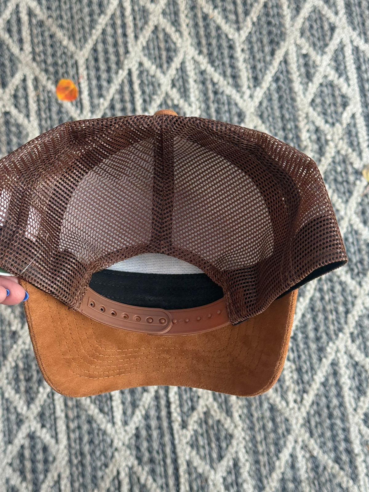Hand painted wearable art - Hydrangeas on brown suede brim and brown mesh back