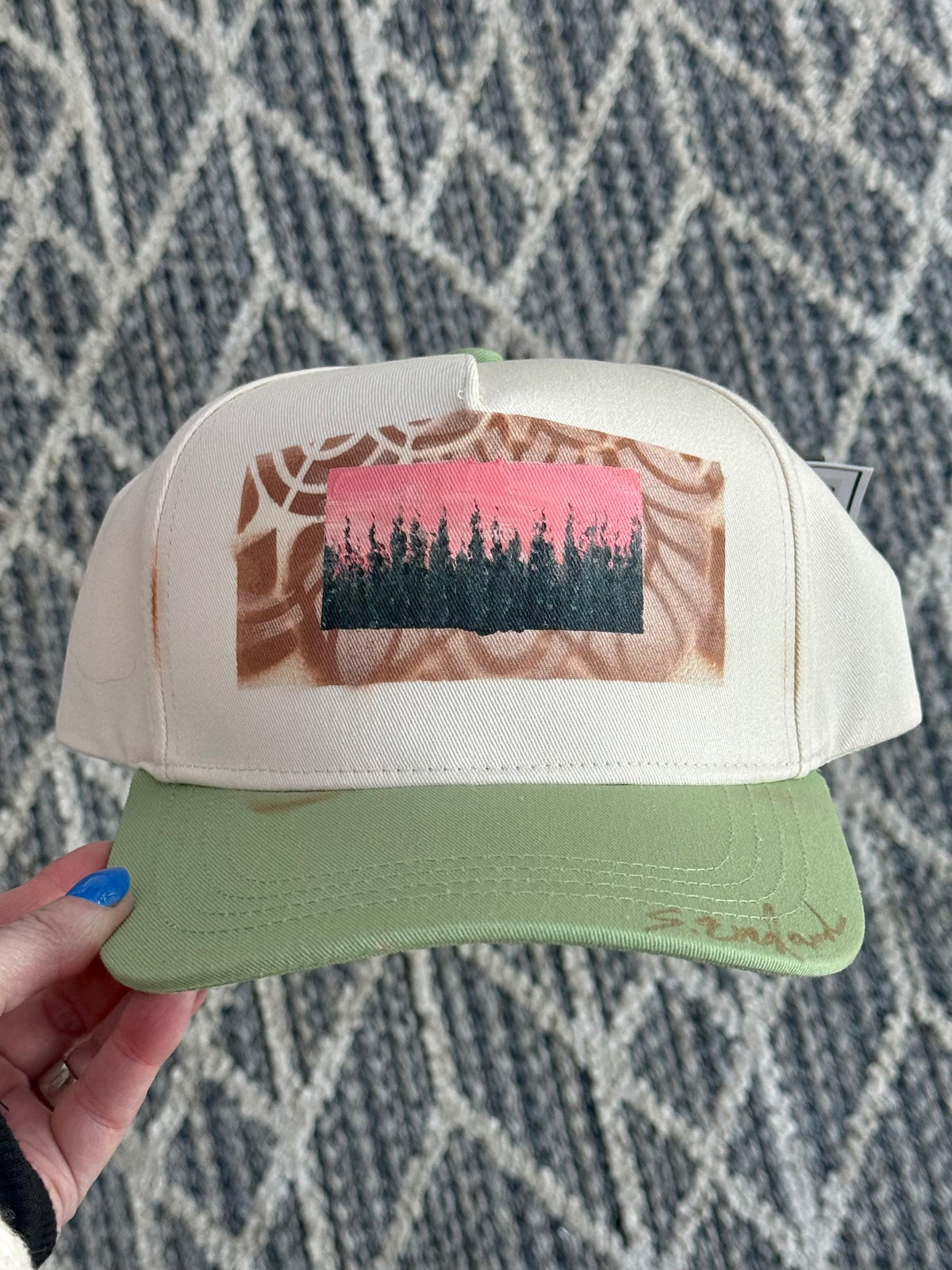 Hand painted wearable art - abstract tree scene cream/light green ball cap