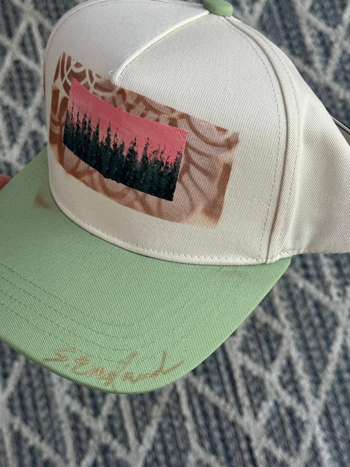 Hand painted wearable art - abstract tree scene cream/light green ball cap