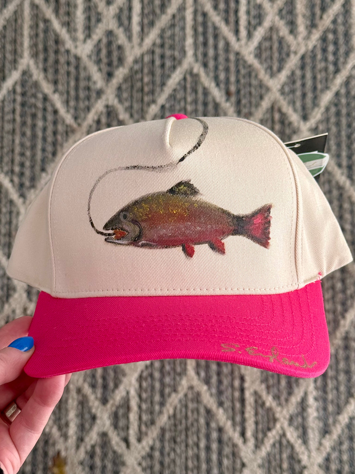 FOR SMALL HEADS...hand painted pink canvas ball cap - fish