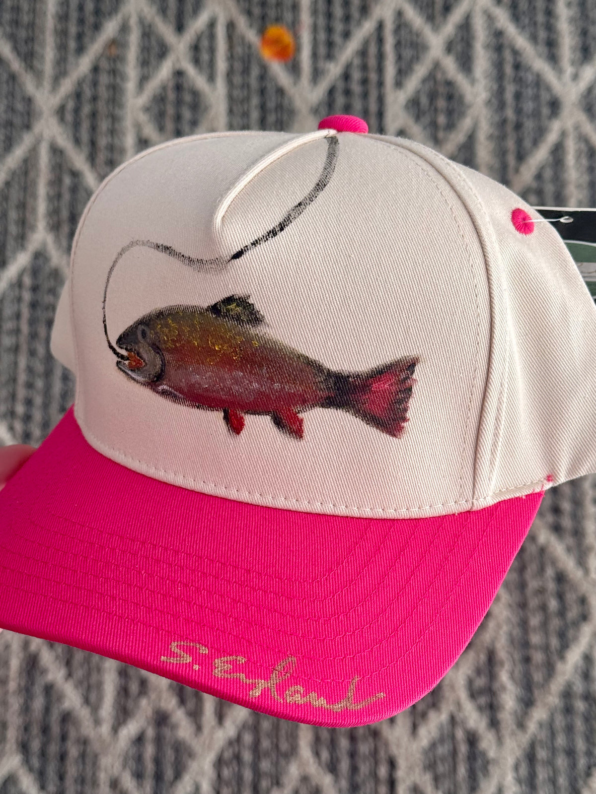 FOR SMALL HEADS...hand painted pink canvas ball cap - fish