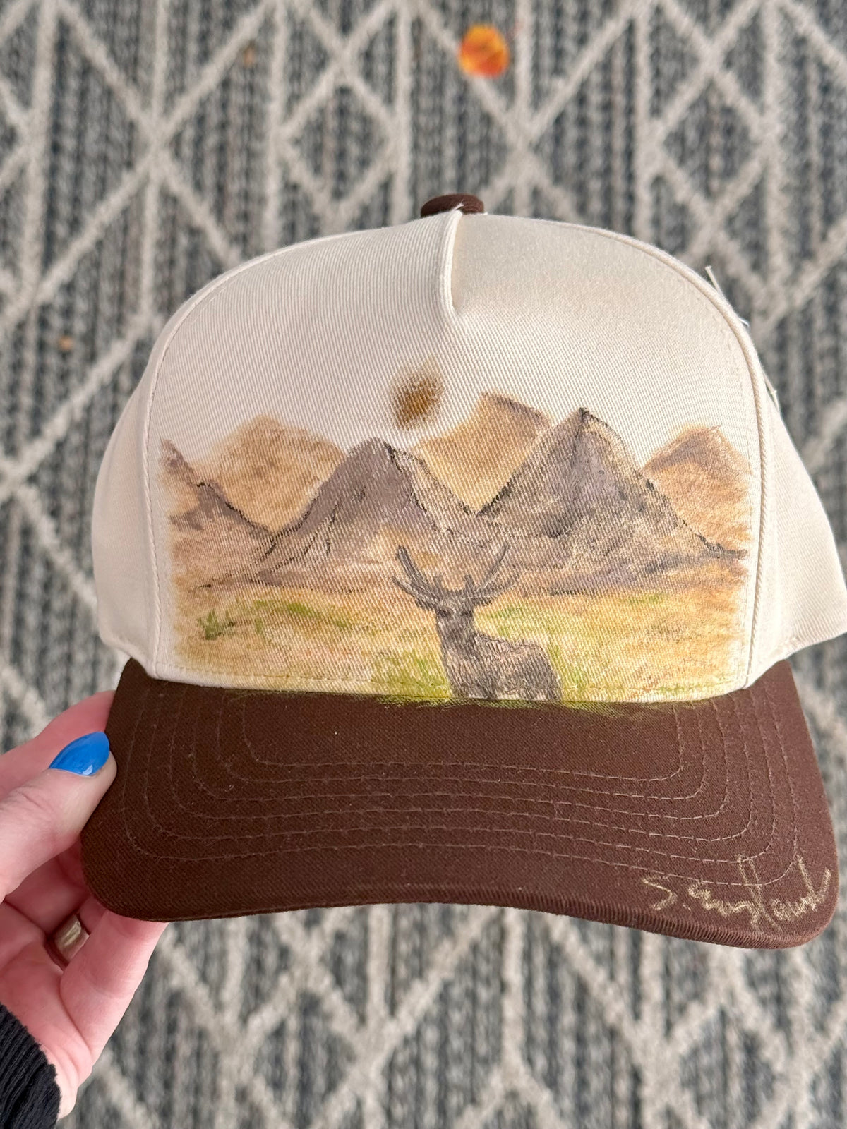FOR SMALL HEADS...hand painted scene on cream/brown canvas hat