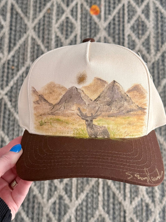 FOR SMALL HEADS...hand painted scene on cream/brown canvas hat