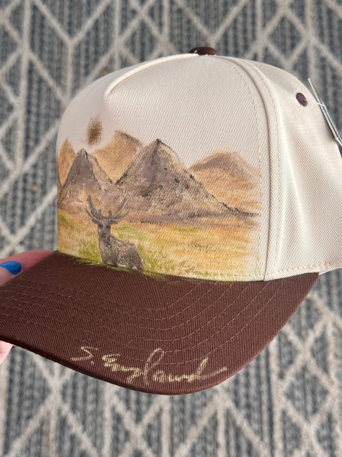 FOR SMALL HEADS...hand painted scene on cream/brown canvas hat
