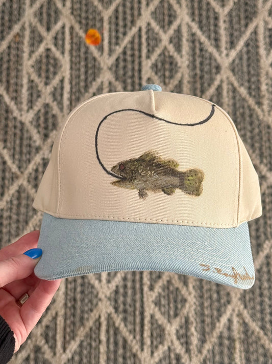 FOR SMALL HEADS...hand painted fish on a cream/light blue canvas hat