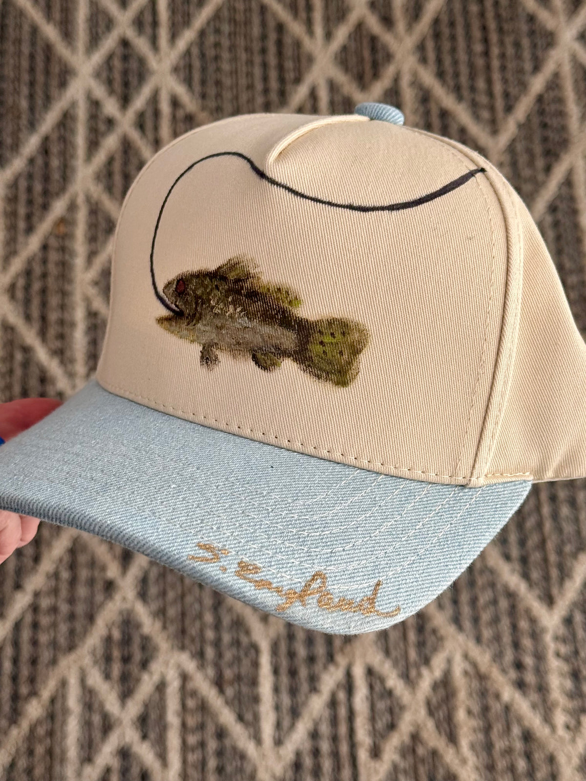 FOR SMALL HEADS...hand painted fish on a cream/light blue canvas hat