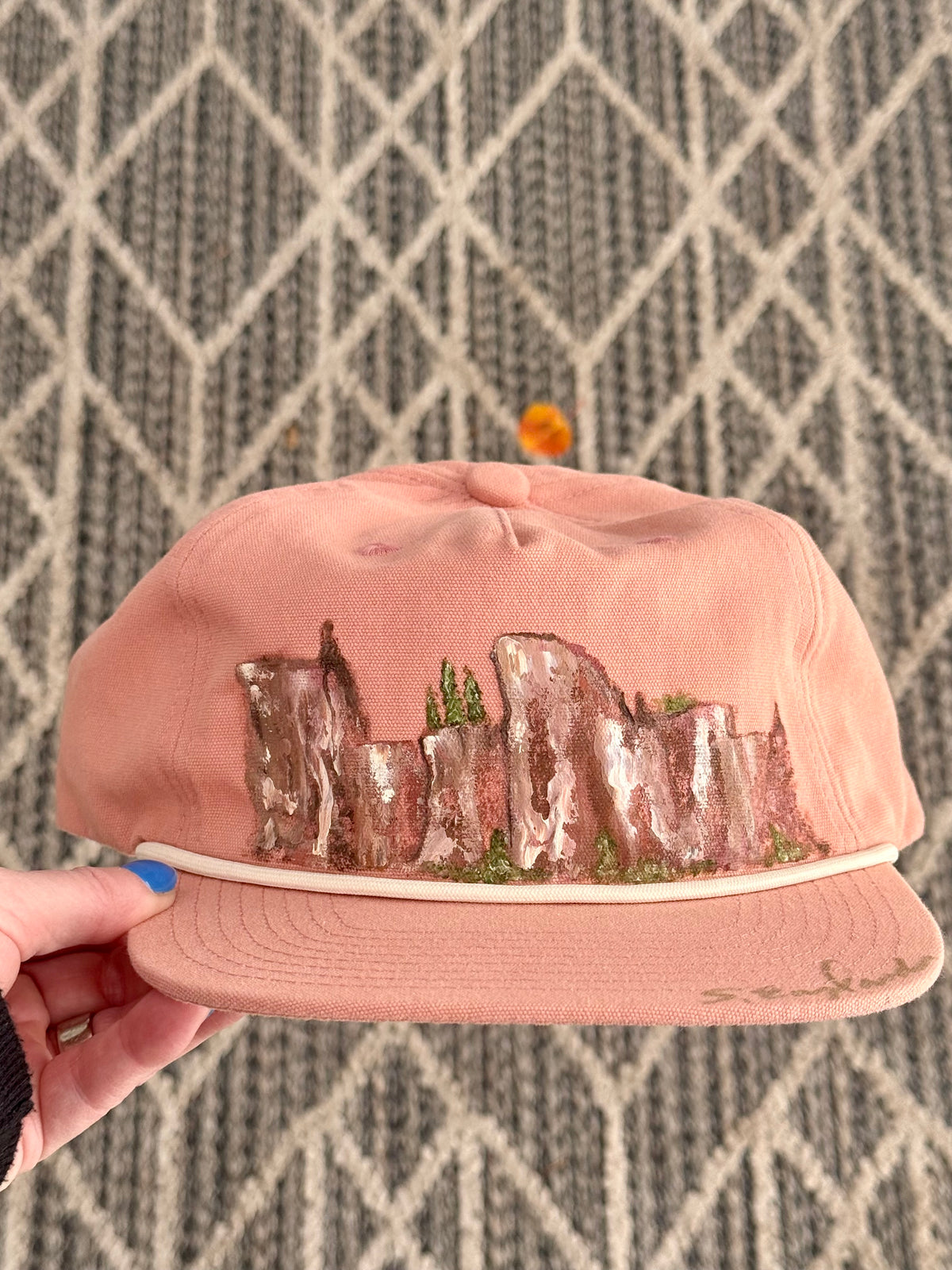 Hand painted coral flat brim canvas hat - Arizona vibes