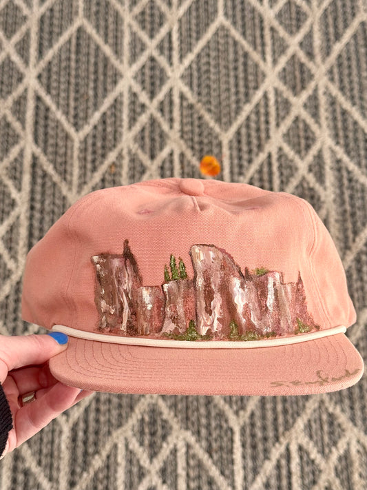 Hand painted coral flat brim canvas hat - Arizona vibes