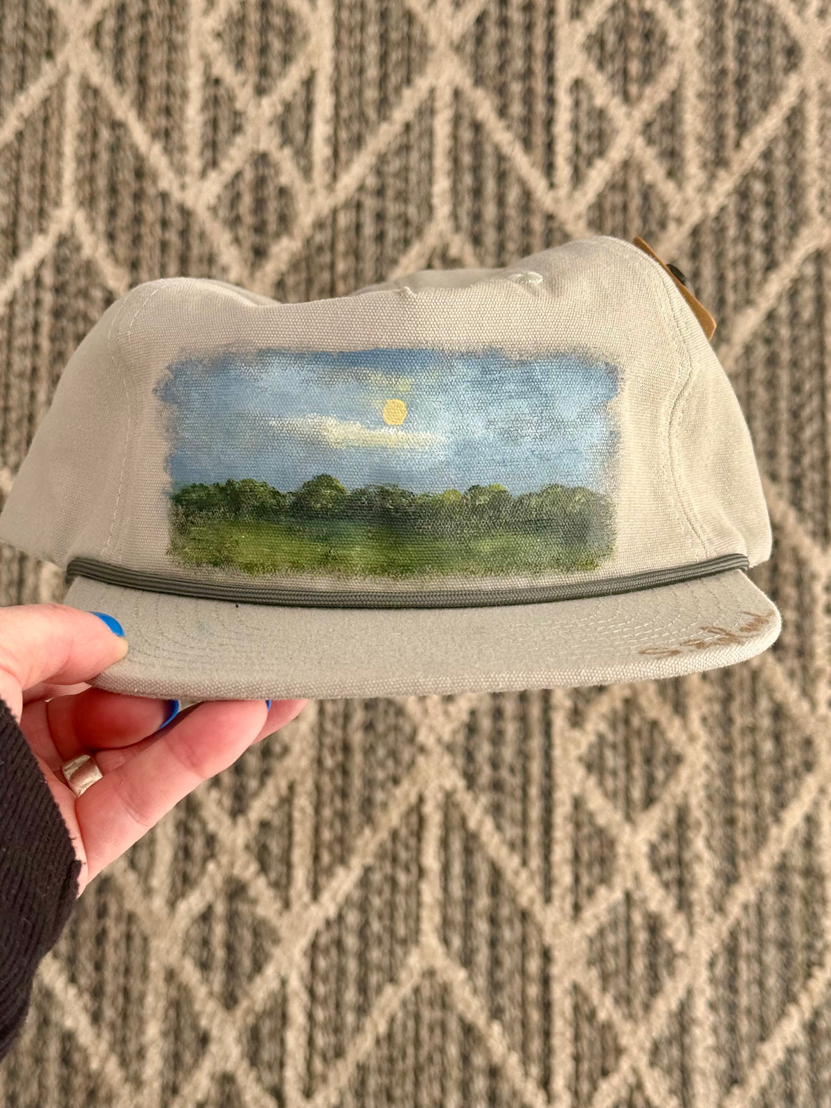 Hand painted landscape painted tan flat brim cap