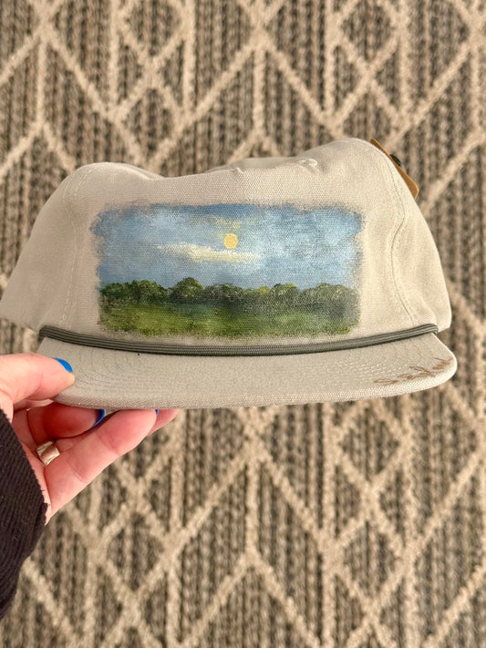 Hand painted landscape painted tan flat brim cap