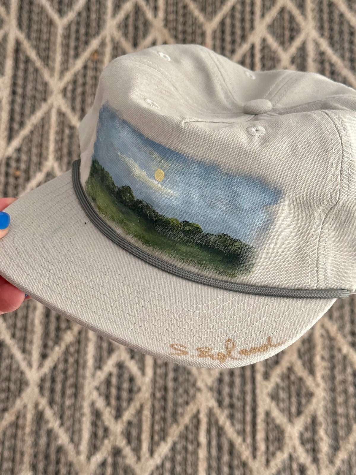 Hand painted landscape painted tan flat brim cap