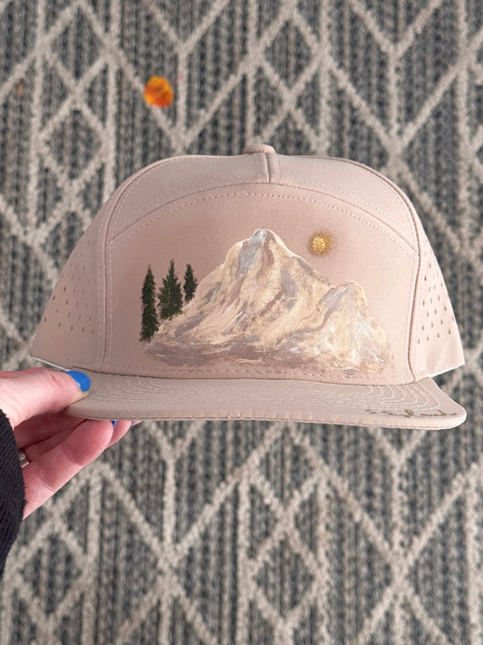 Hand painted flat brim taupe hat - mountain scene
