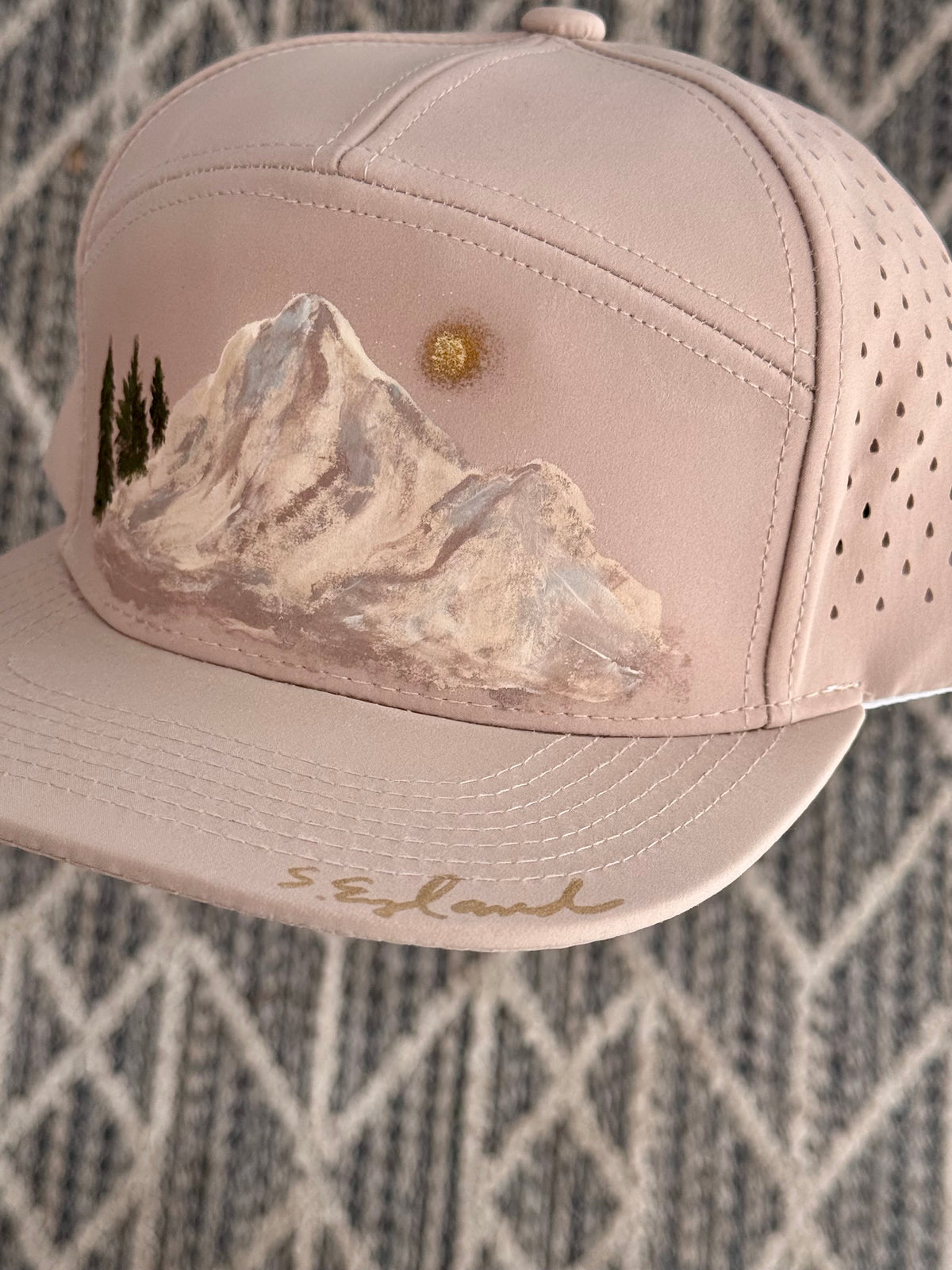 Hand painted flat brim taupe hat - mountain scene