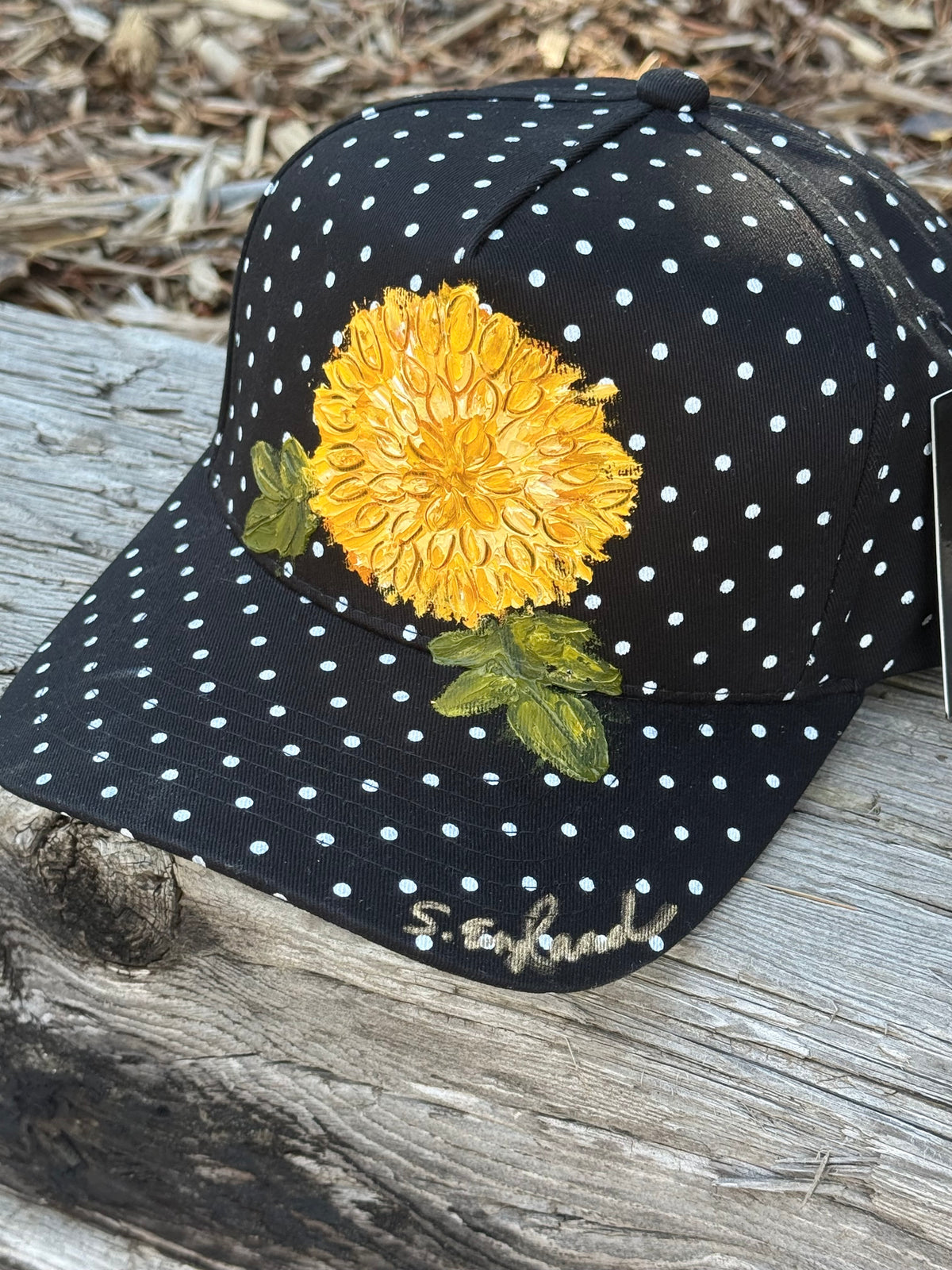 Hand painted flower on black and white polka dot canvas hat