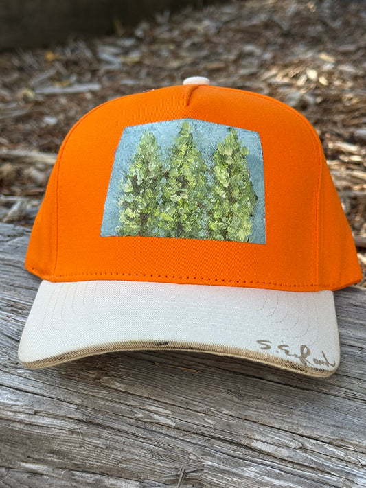 Hand painted tree scene on cream and orange canvas hat